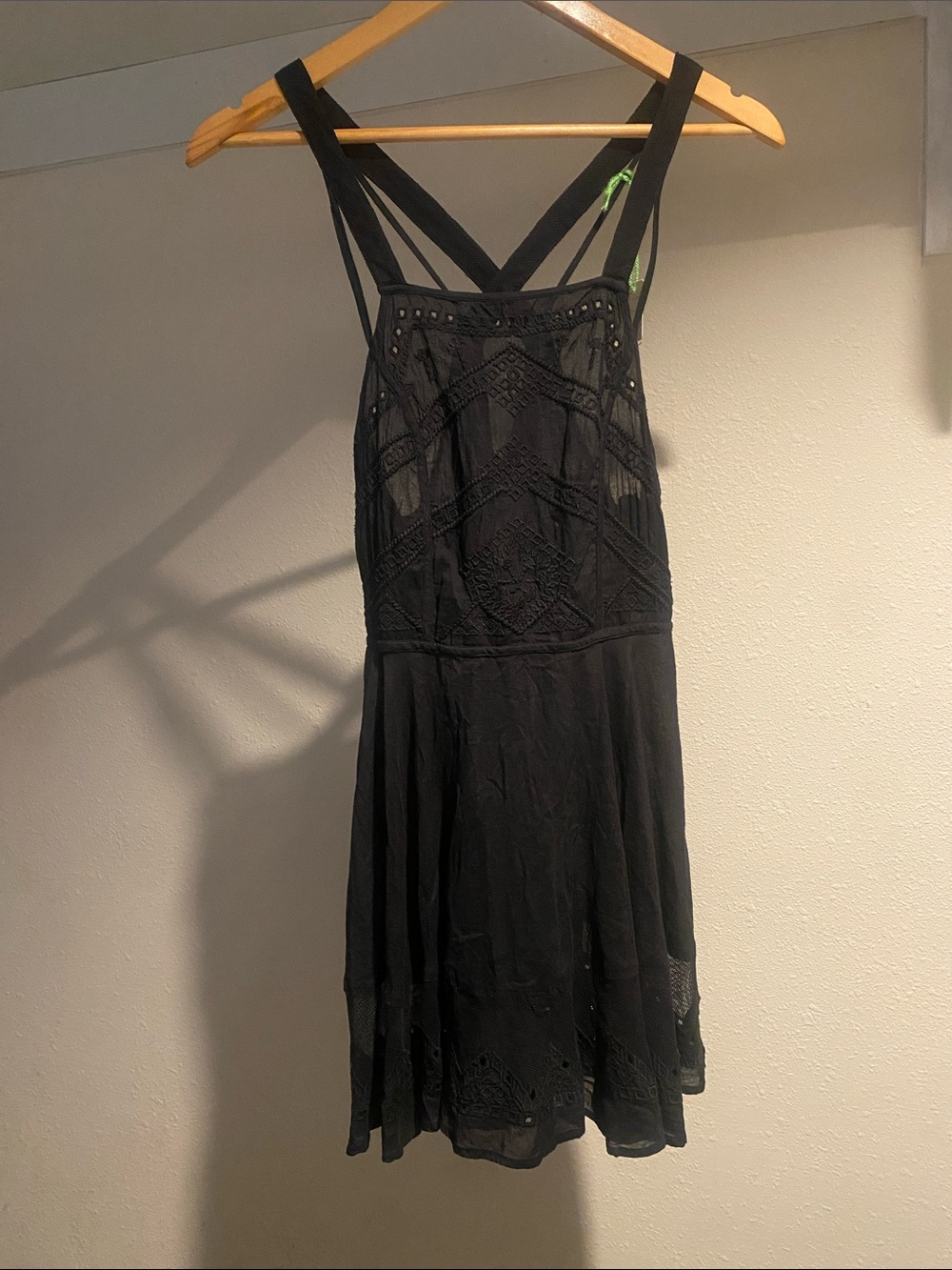 FP Free People Black Embroidered Strappy Summer Dress. Size L.